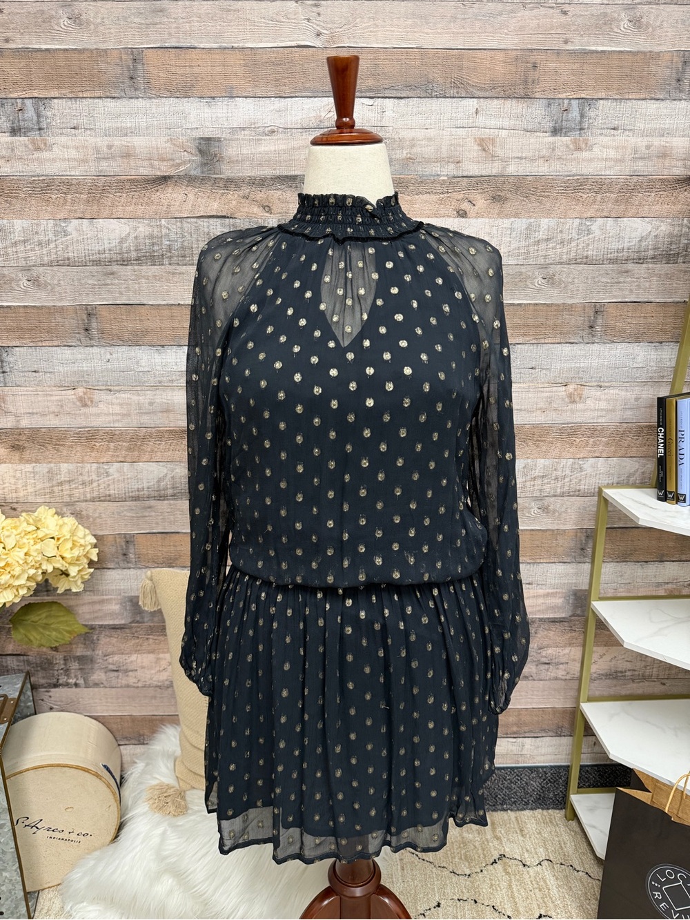 Velvet black w/ gold sparkle dot long sleeve dress medium